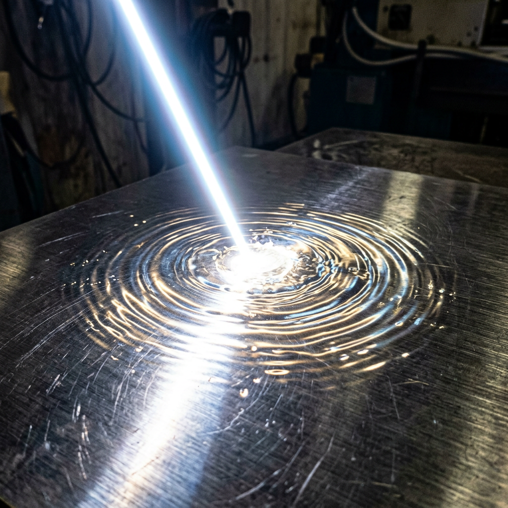 Bright laser beam cutting metal sheet creating glowing circular ripples